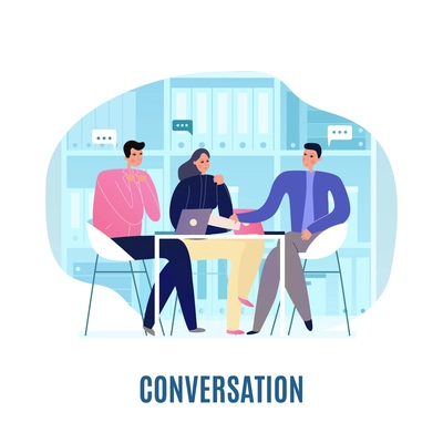 Three people having discussion at business meeting flat vector illustration