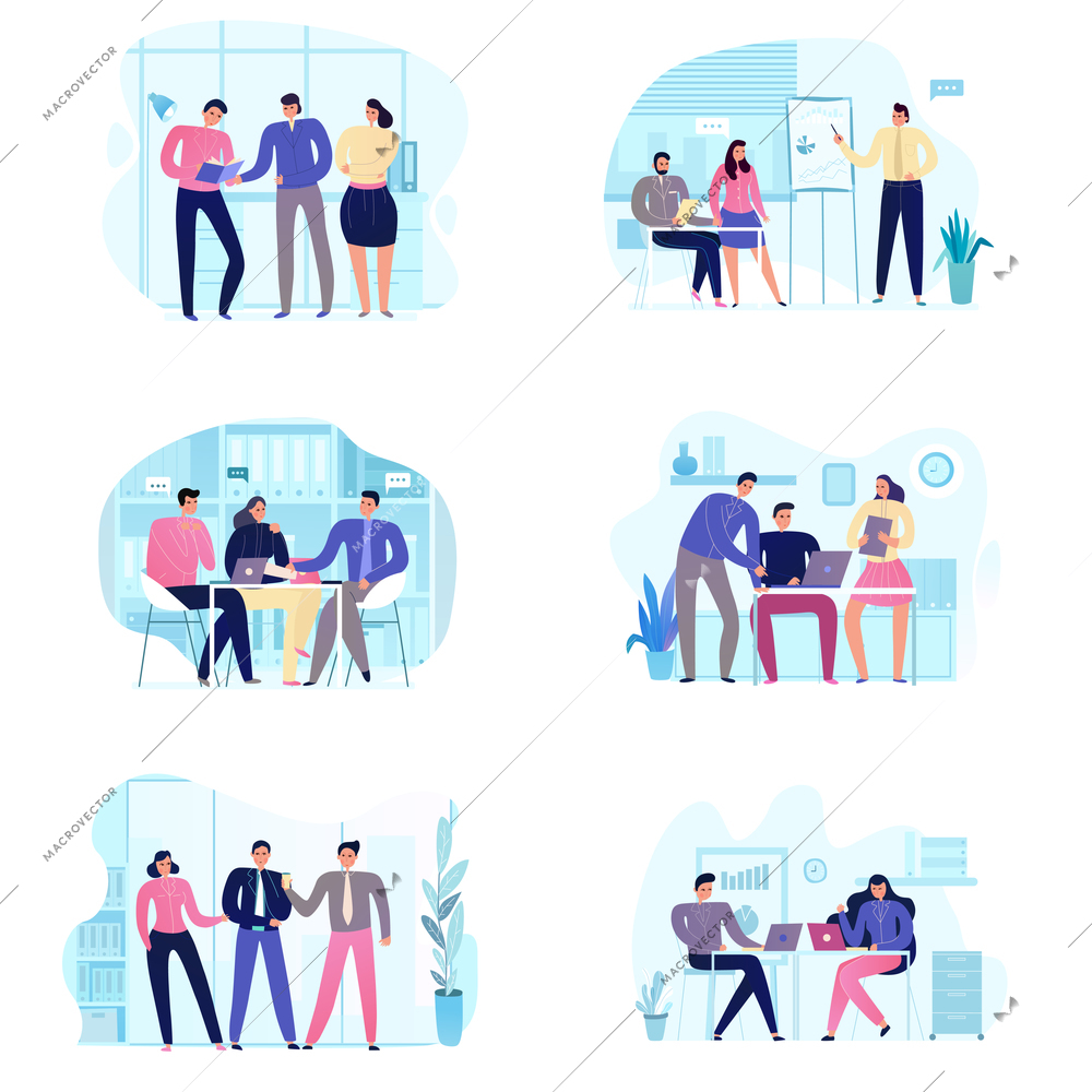 Flat set of icons with various business meeting scenes isolated on white background vector illustration