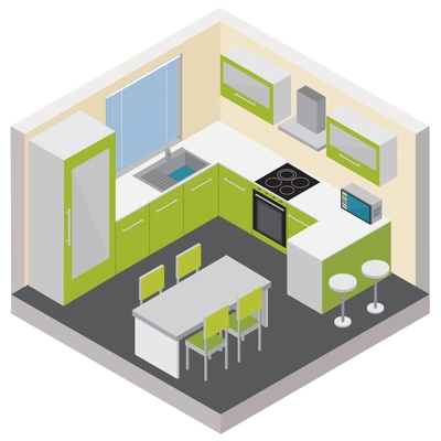 Kitchen interior isometric composition with modern furniture household gadgets and consumer electronics 3d vector illustration