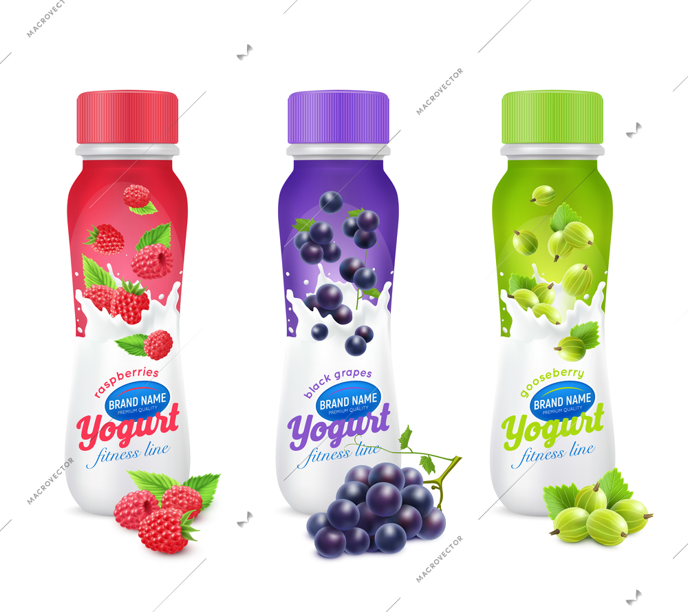 Isolated and colored realistic drinkable yogurt fruit and berries package design icon set