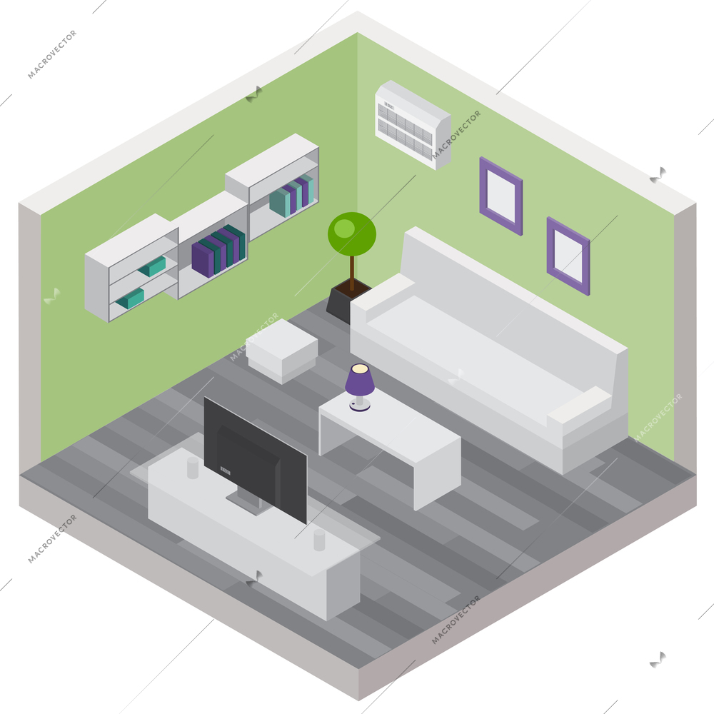 Living room isometric composition with comfortable furniture and modern wireless devices 3d vector illustration