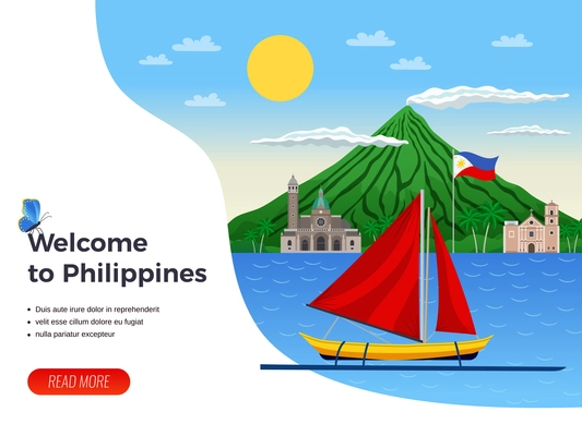 Tourism on philippines sail boat in blue sea on background of volcano and churches vector illustration