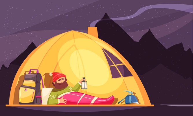 Mountaineering cartoon design with alpinist in sleeping bag holding lantern in tent at night vector illustration