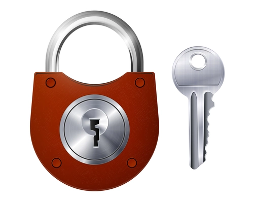 New red padlock and metallic key isolated decorative icons on white background realistic vector illustration