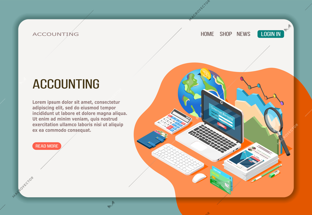 Accounting isometric web page with economy analysis internet banking and documentation on white orange background vector illustration