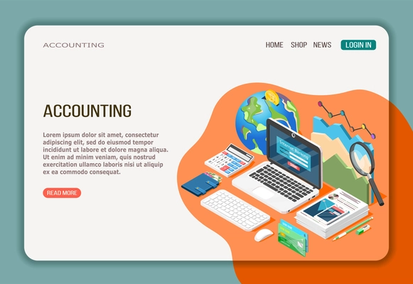 Accounting isometric web page with economy analysis internet banking and documentation on white orange background vector illustration