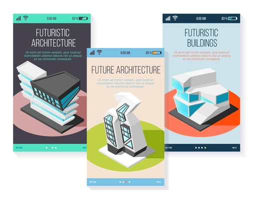 Isometric futuristic architecture buildings of future of various shape set of mobile screens vector illustration