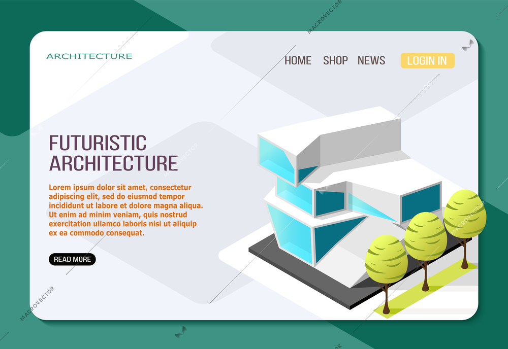 Futuristic architecture building from glass and concrete isometric landing web page on light background vector illustration