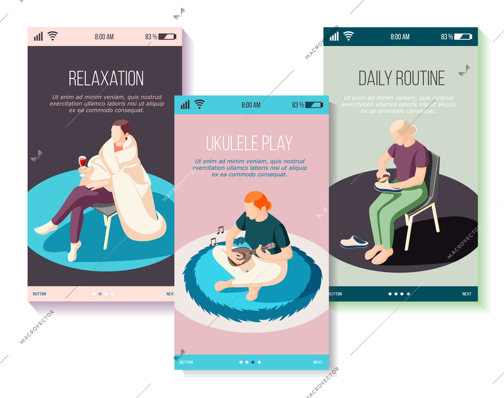 Weekends at home set of isometric mobile screens people during chores playing on ukulele relaxation vector illustration