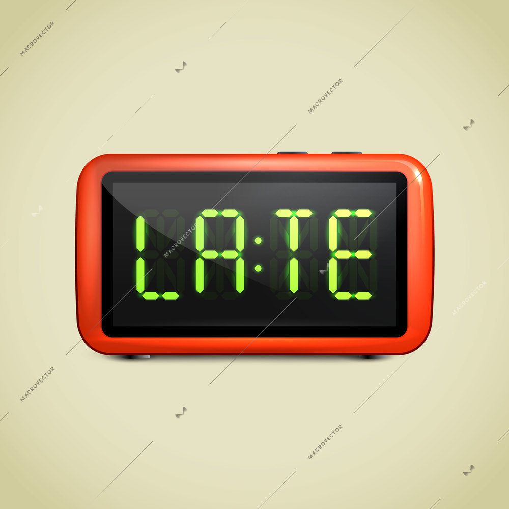 Realistic digital alarm clock with lcd display wake up concept text vector illustration