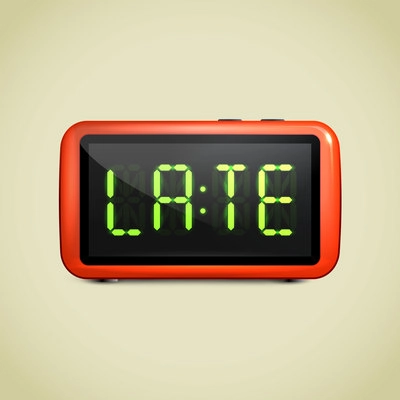 Realistic digital alarm clock with lcd display wake up concept text vector illustration