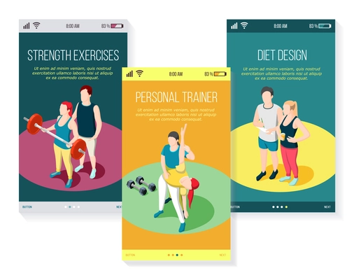 Personal sport trainer strength exercises gymnastics and diet set of mobile screens isometric vector illustration