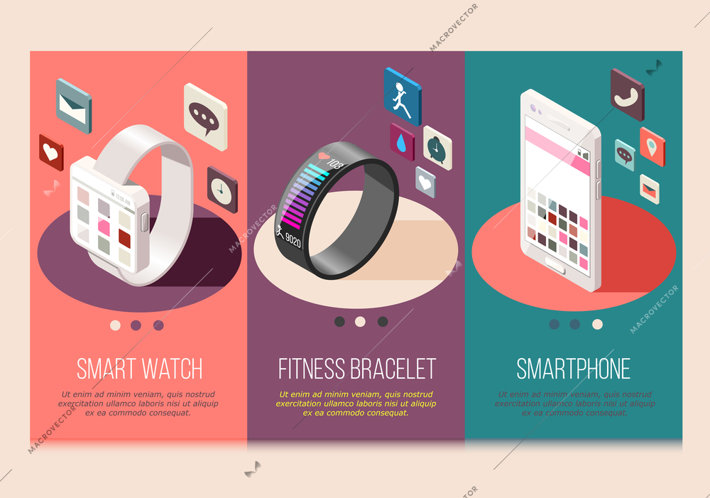 Portable electronics smart phone and watch fitness bracelet set of isometric compositions isolated vector illustration