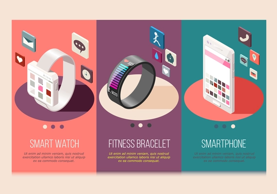 Portable electronics smart phone and watch fitness bracelet set of isometric compositions isolated vector illustration