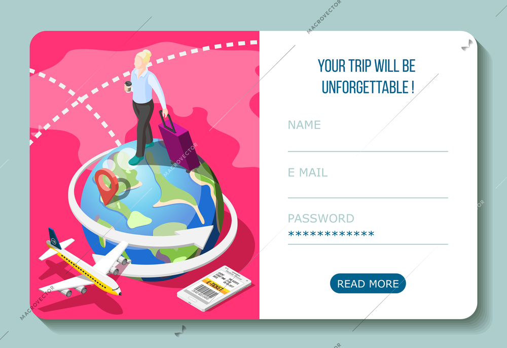 Travel by airplane with electronic ticket in smart phone isometric composition with user account interface vector illustration