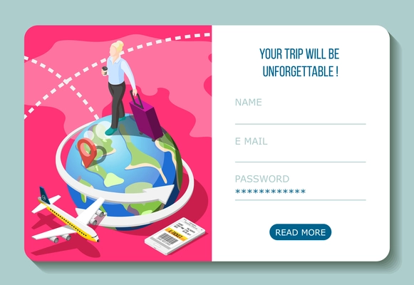 Travel by airplane with electronic ticket in smart phone isometric composition with user account interface vector illustration