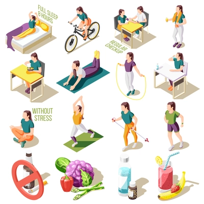 Healthy life style isometric icons good sleep and nutrition regular check up sports activity isolated vector illustration