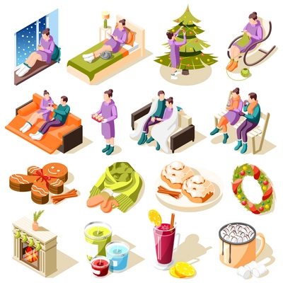 Cozy winter isometric icons with home comfort hobbies festive food and decorations isolated vector illustration