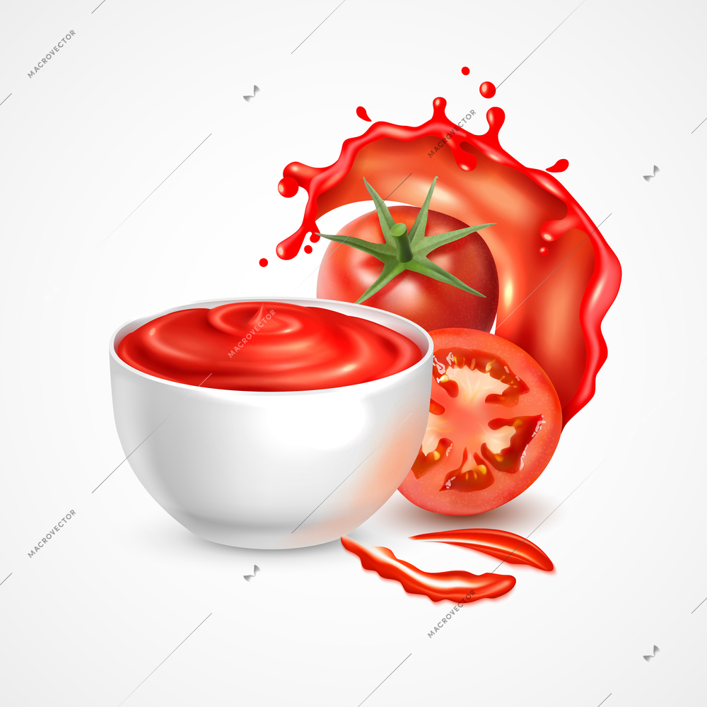 Tomato sauce bowl realistic composition with fresh whole vegetable and slice in splash of juice vector illustration