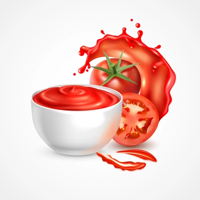 Tomato sauce bowl realistic composition with fresh whole vegetable and slice in splash of juice vector illustration