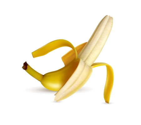 Half peeled ripe banana closeup appetizing  realistic image white background light shadow vector illustration