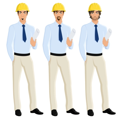 Handsome attractive men engineers portrait set in helmet with plan paper isolated vector illustration