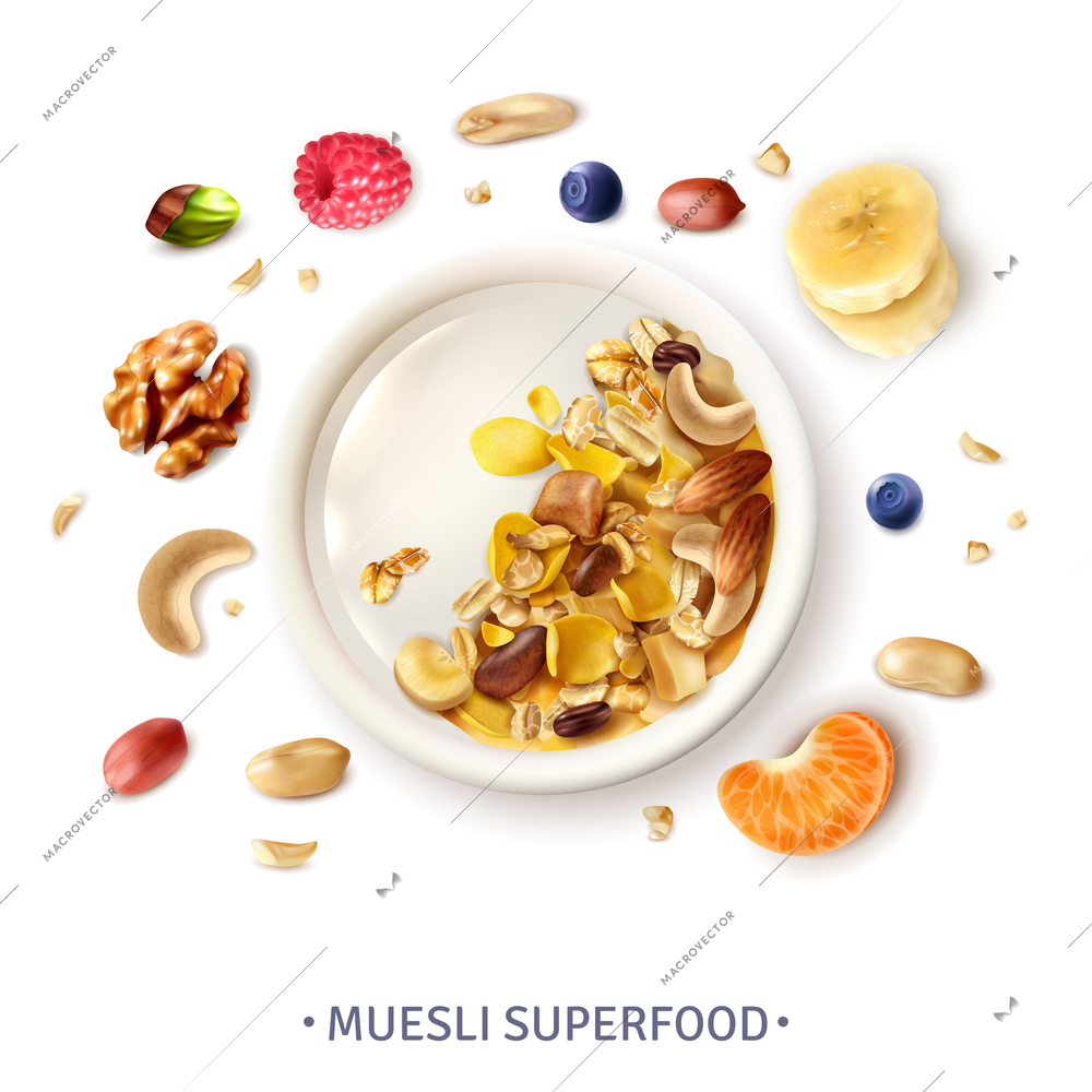 Muesli healthy super food bowl top view realistic composition with grains banana slices nuts berries vector illustration