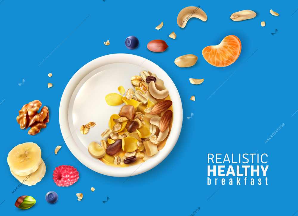 Muesli healthy breakfast plate top view realistic composition with banana mandarin nuts berries color background vector illustration