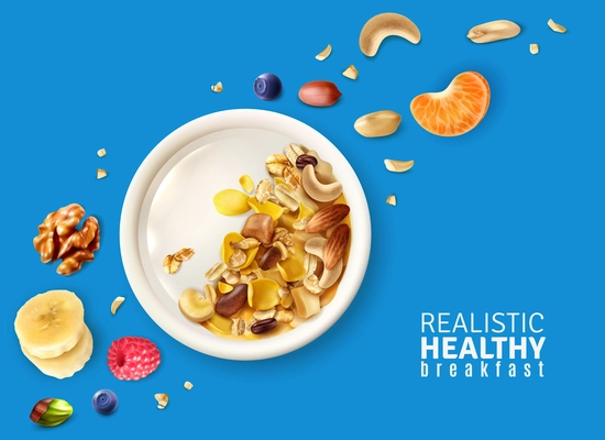 Muesli healthy breakfast plate top view realistic composition with banana mandarin nuts berries color background vector illustration