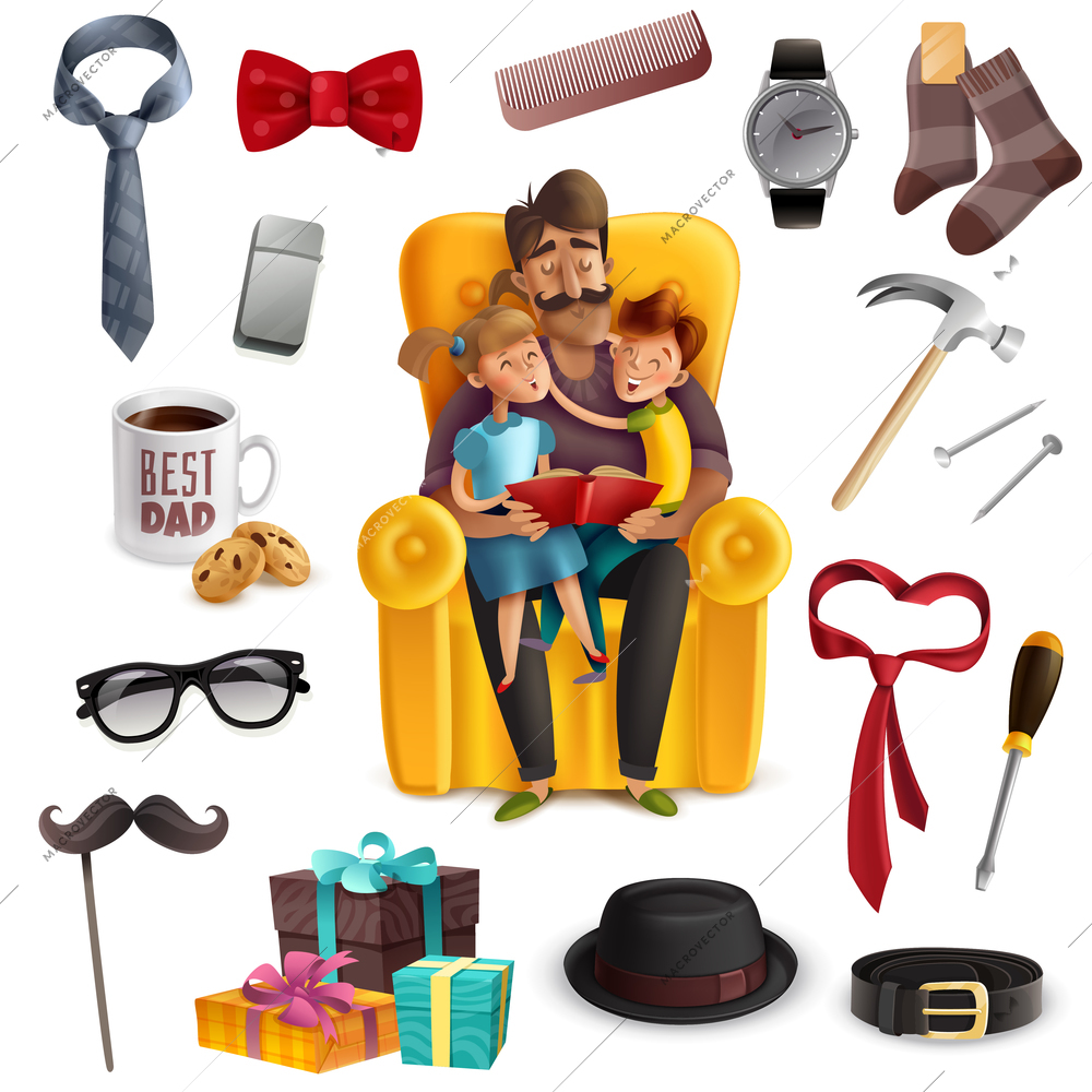 Happy fathers day celebration colorful composition with dad kids reading book together presents male accessories vector illustration