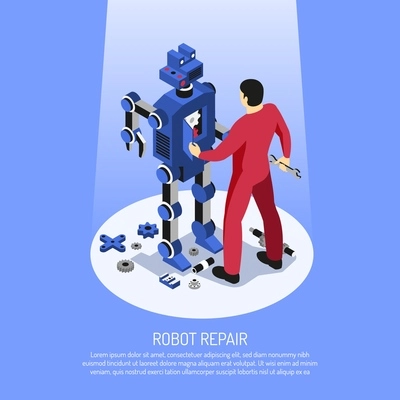 Mechanic in red uniform with professional tools during robot repair on blue background isometric vector illustration