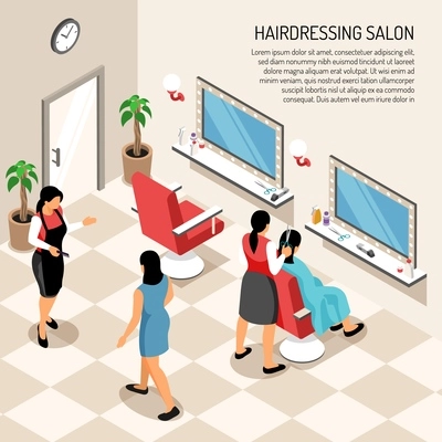 Hair dressing salon in beige color with stylists clients professional equipment and interior objects  isometric vector illustration