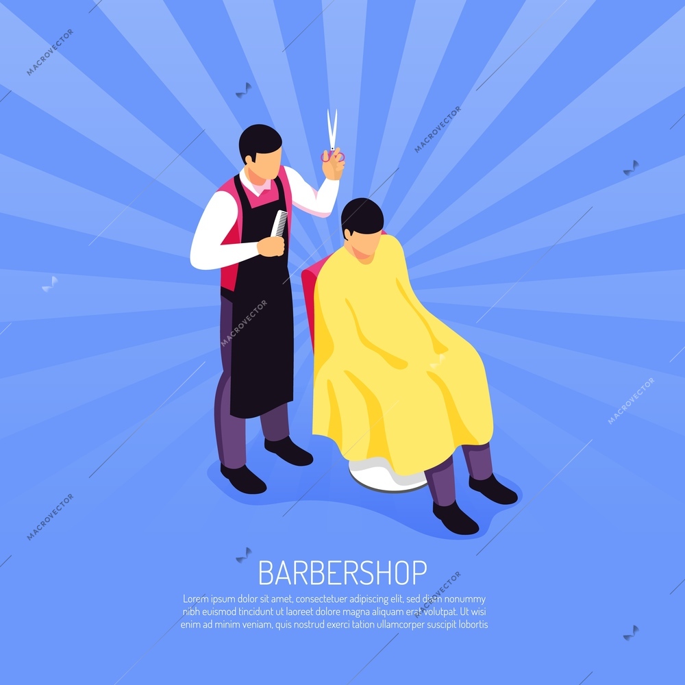 Male barber with professional tools during customer service on blue radial background isometric vector illustration