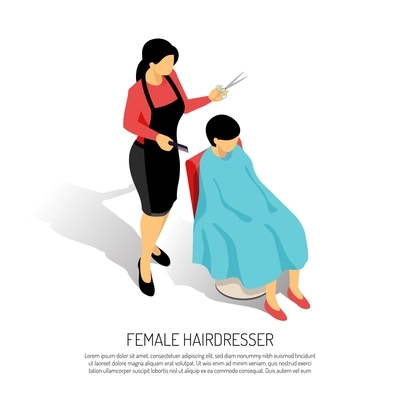 Female hair stylist with comb and scissors during work on white background isometric vector illustration