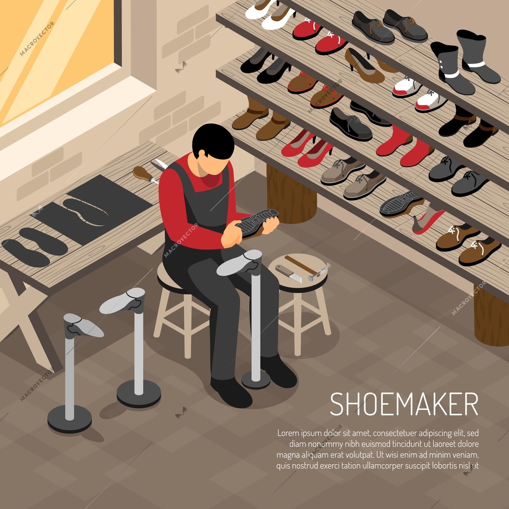 Shoe maker during work on background of shelves with foot wear isometric vector illustration