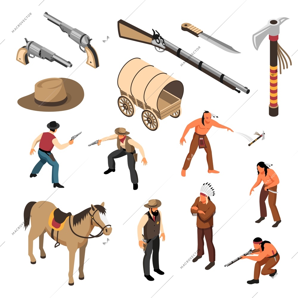 Wild west attributes of cowboys and native americans set of isometric icons isolated vector illustration