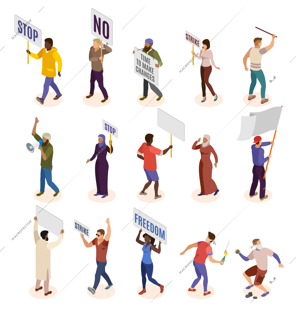 Activists isometric icons set of people involved in politic demonstration and strike isolated vector illustration