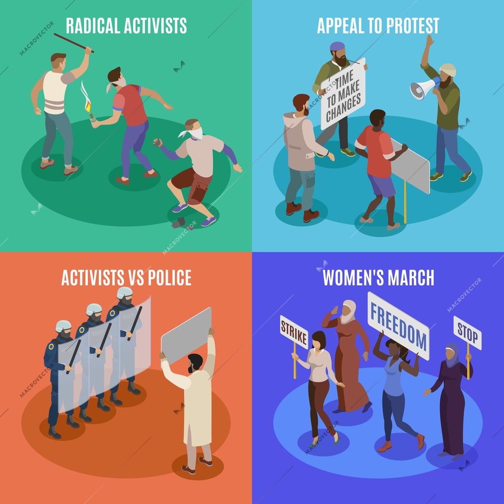 Activists 2x2 design concept set of appeal to protest women march radicals vs police square icons isometric vector illustration