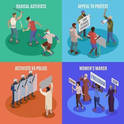 Activists 2x2 design concept set of appeal to protest women march radicals vs police square icons isometric vector illustration