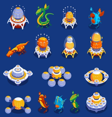 Colorful cartoon set of cute monster and alien creatures and interplanetary aircrafts for kid games isolated vector illustration