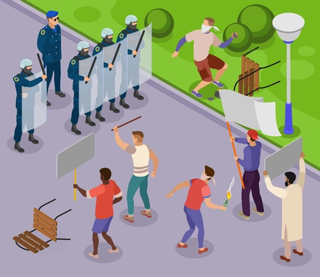 Activists isometric poster with teens using stones and molotov cocktails against police officers armed with batons and shields isometric vector illustration