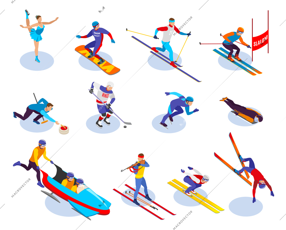 Winter sports isometric icons set of  snowboarding slalom curling freestyle figure skating ice hockey biathlon isometric vector illustration