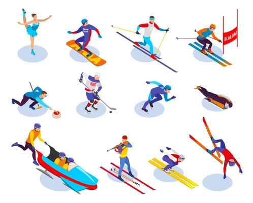 Winter sports isometric icons set of  snowboarding slalom curling freestyle figure skating ice hockey biathlon isometric vector illustration