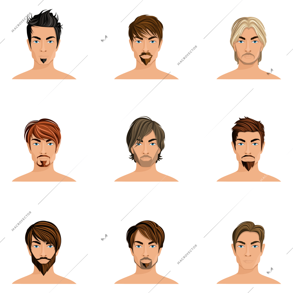 Handsome man male avatars set with haircut styles isolated vector illustration