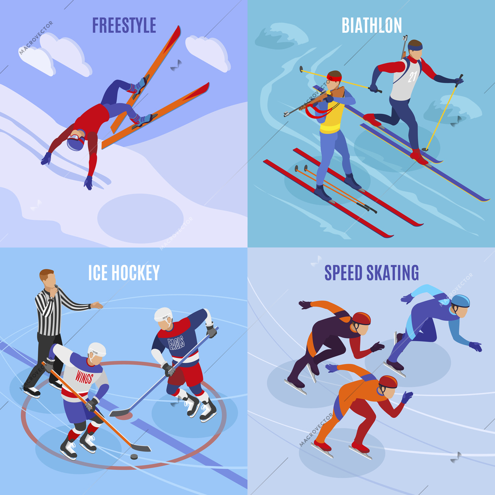 Winter sports 2x2 design concept set of freestyle speed skating ice hockey biathlon square icons isometric vector illustration