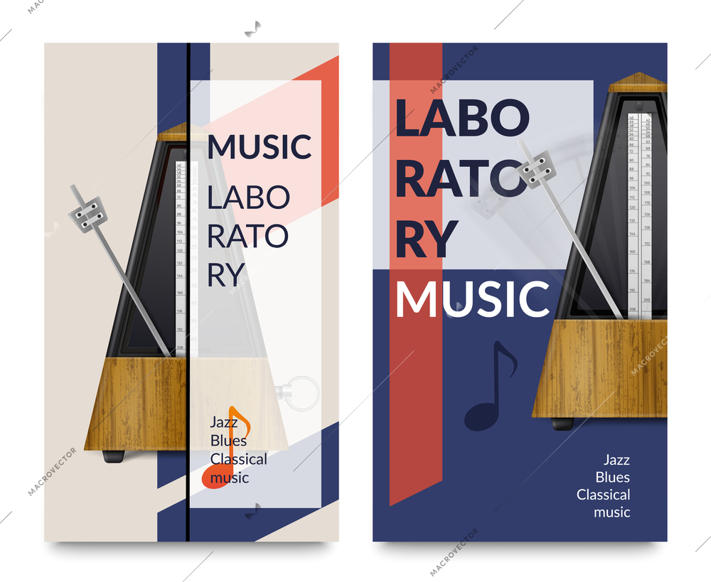 Two vertical realistic metronome music notes banner set with music laboratory headlines vector illustration