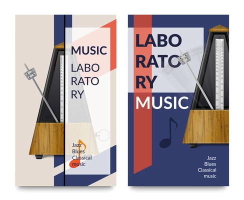 Two vertical realistic metronome music notes banner set with music laboratory headlines vector illustration