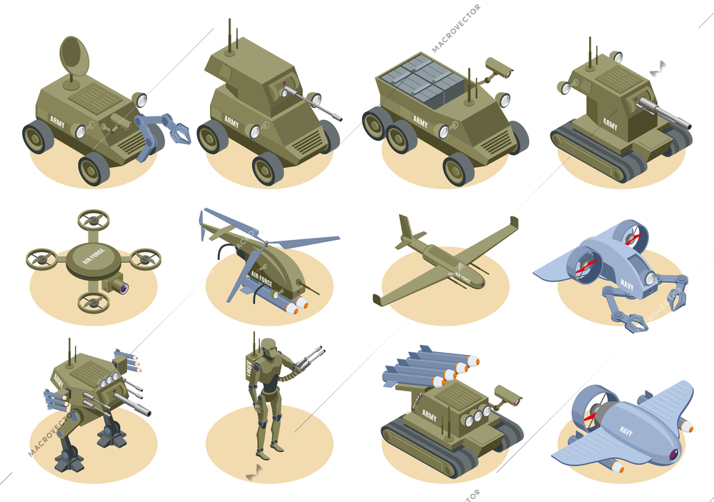 Military robots isometric icons set of underwater robot sapper air drones shooter tanks and trucks isolated vector illustration