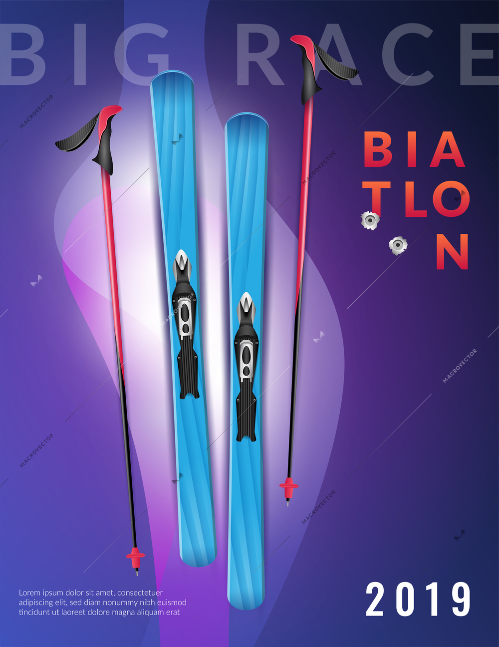 Colored purple realistic biathlon vertical poster big race biathlon headline and ski vector illustration