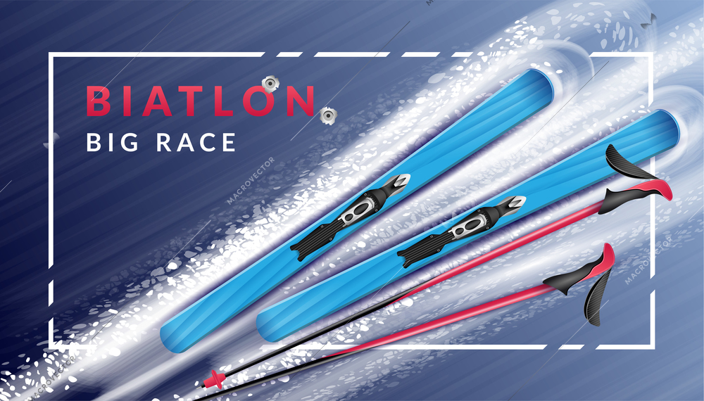 Colored realistic biathlon horizontal poster with description and skis lie in snow vector illustration